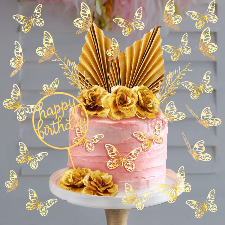 52 Pcs Gold Happy Birthday Cake Topper Decoration Boho Wedding Cake Topper Rose Flower Butterfly Palm Leaves Balls Birthday Decoration for Women Men Party Decor