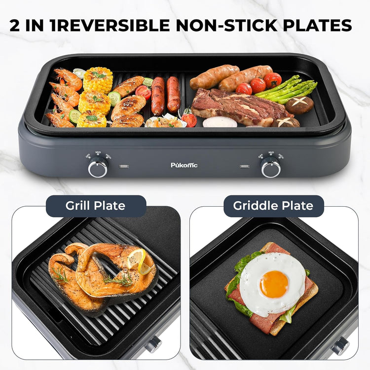 Pukomc Electric Indoor Grill,1500W,Non-Stick Cooking,Adjustable Dual Cooking Zones with,indoor grills electric smokelessSafe for Family, Party, Kitchen Use,gray