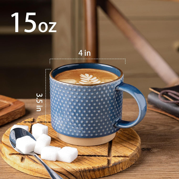 GBHOME 15OZ Stackable Coffee Mugs, Ceramic Coffee Cups with Texture Patterns for Man,Woman,Dad,Mom, Modern Coffee Mugs Set of 4 for Latte/Cappuccino/Cocoa. Dishwasher&Microwave Safe, Blue