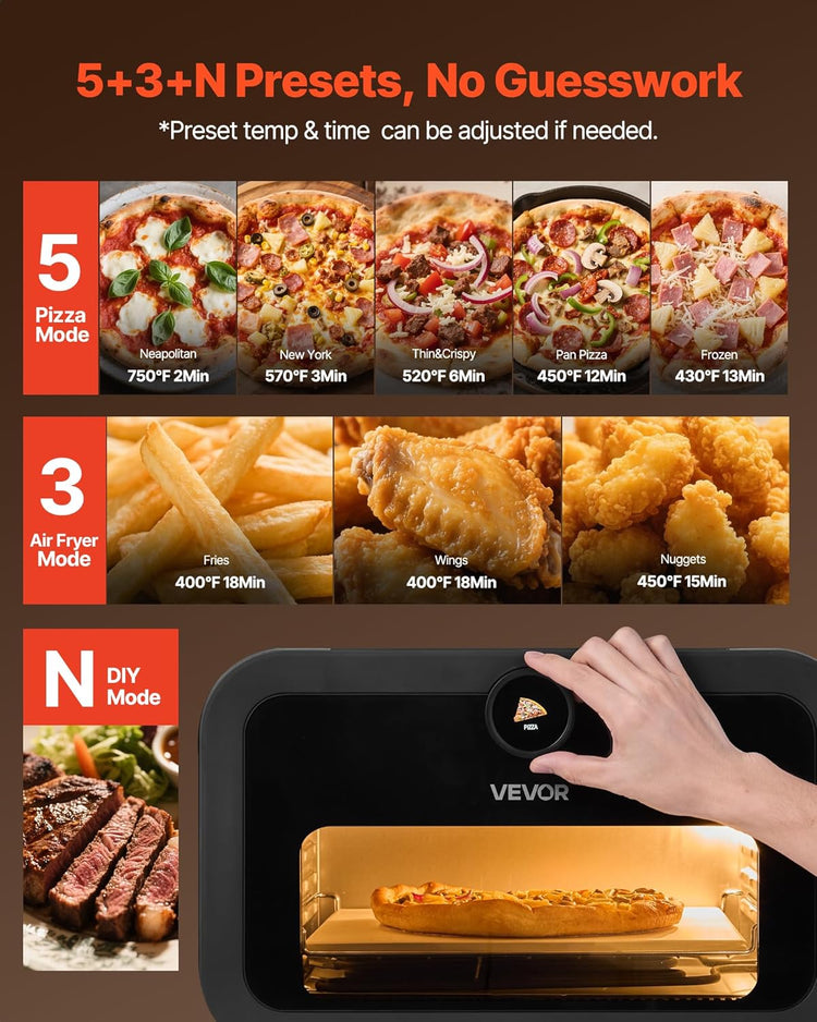 VEVOR Pizza Oven, 8 Presets Electric Pizza Ovens Air Fry Combo, 12-Inch Indoor Pizza Maker Smart Knob Control, 750°F Max Temp, IPX4 Waterproof Countertop Pizza Cooker w/Pizza Stone,Fry Basket