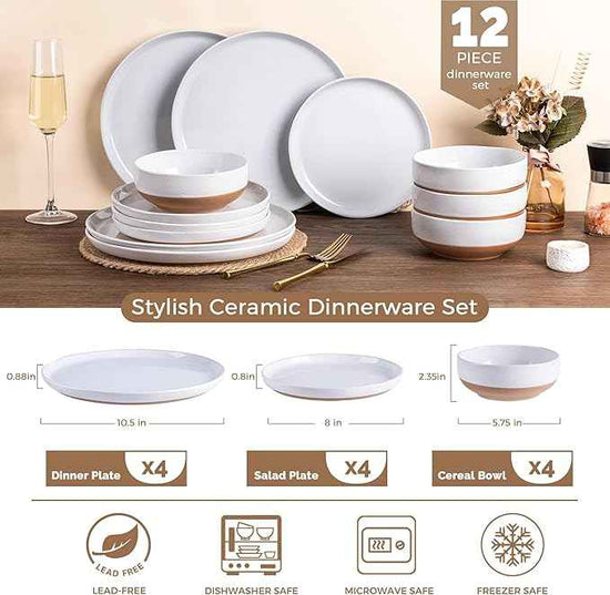 AmorArc Ceramic Dinnerware Sets for 4, 12 Pieces Handpainted Plates and Bowls Set with Rustic Terracotta Underside, Scratch Resistant Stoneware Dishes Set, Dishwasher & Microwave Safe, White