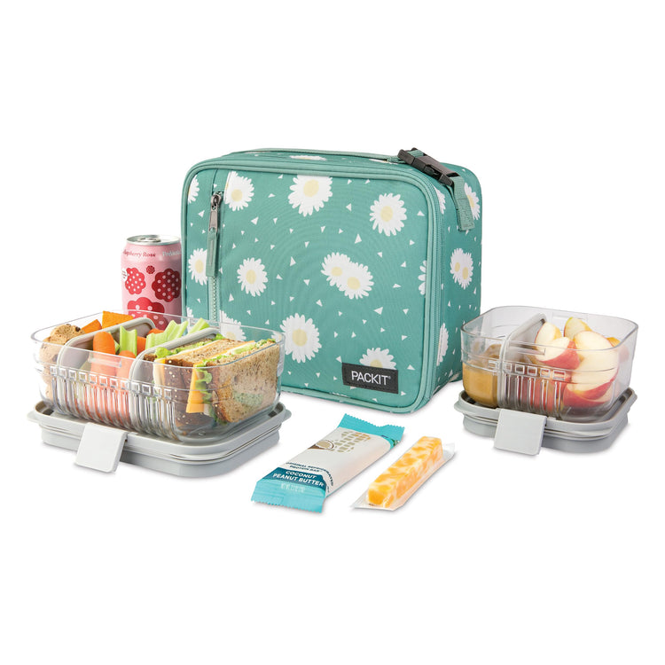R) Freezable Classic Lunch Box, Daisy Sage, Built with EcoFreeze(R) Technology, Collapsible, Reusable, Zip Closure With Zip Front Pocket and Buckle Handle, Designed for Fresh Lunch On the Go