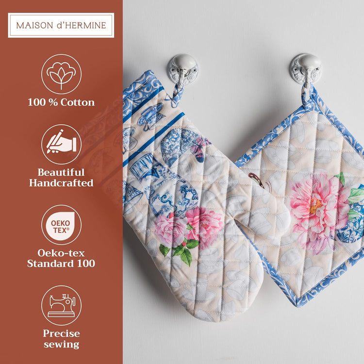 Maison d' Hermine 100% Cotton Oven Mitt & Pot Holder Set (7.5"x13" & 8"x8") Heat Resistant BBQ Cooking Gloves with Loop, Baking, Grilling, Kitchen, Handling Hot Pans Spring/Summer (Canton)