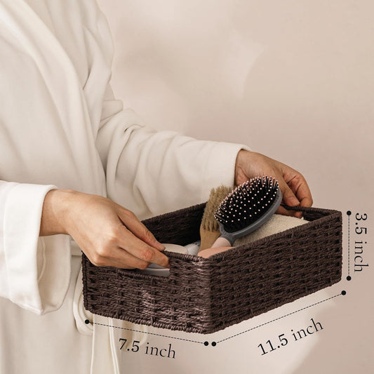 UBBCARE 2 Pack Wicker Basket, 11.5L×7.5H×3.5W inch Woven Paper Rope Storage Baskets for shelves, Foldable Rectangular Storage Baskets with Handle, Storage Basket for Organizing, Dark Brown