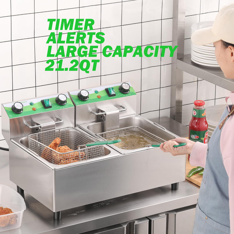 20L 21.2QT Commercial Deep Fryer with Timer Dual Tank Electric Countertop Fryer with Double Baskets and Lids