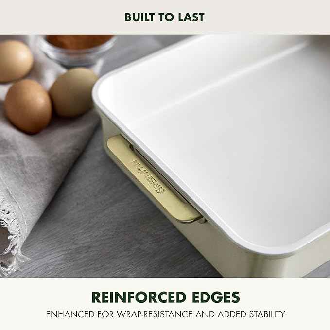 GreenPan Bakeware 13” x 9” Rectangular Cake Pan, Ceramic Nonstick Baking Pan, PFAS & BPA Free, Gold Handles, Durable Steel, Freezer to Oven Dish, Scratch Resistant, Bake & Roast Ovenware, Cream