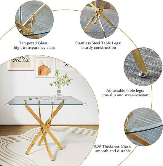 AF ARTISAN FURNITURE 5 Piece Square Glass Dining Table Set, Gold Glass Kitchen Table Set for 4 Modern Table Set with 4 Grey PU Upholstered Dining Chairs, for Small Space, Breakfast Nook