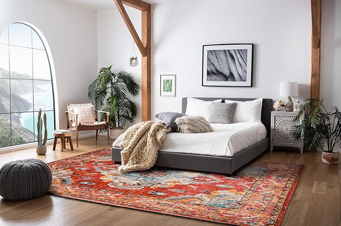 SAFAVIEH Monaco Collection Area Rug - 3' x 5', Orange & Light Blue, Non-Shedding & Easy to Clean, Distressed Medallion Design, Ideal for Living Room, Bedroom, Dining Space (MNC243H)