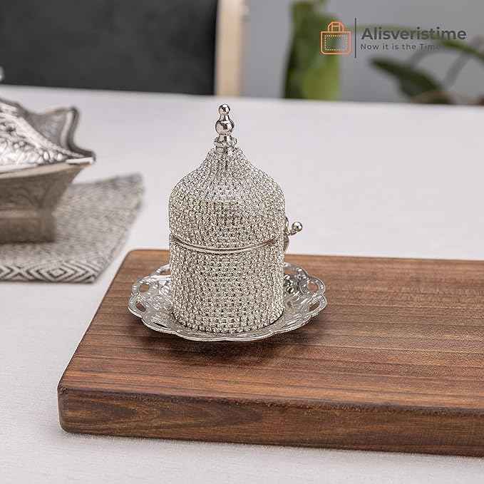 Alisveristime Crystal Embellished Turkish Coffee Set – 27 Pieces – Decorative Zamac Espresso Cups, Saucers and Sugar Bowl with Tray – Available in Three Color Variations (Silver)