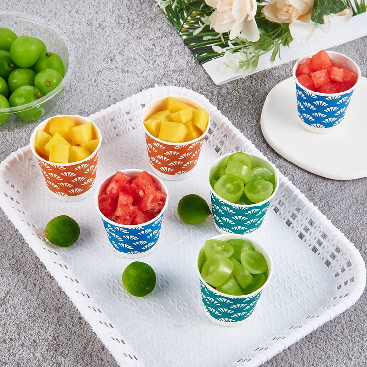 JollyPack 300 Pack 3 oz Disposable Bathroom Paper Cups, Small Mouthwash Cups in Orange, Blue, and Green, Great for Candy, Biscuits, Bathroom Use, Parties, Picnics, and Travel