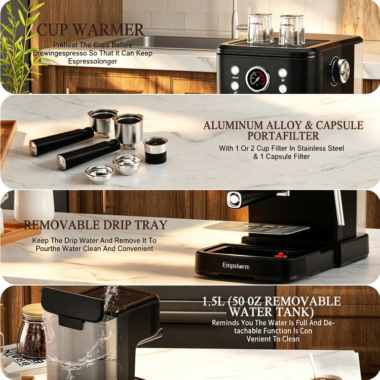 04E 20 Bar Espresso Machine with Milk Frother Steam 1100W Black