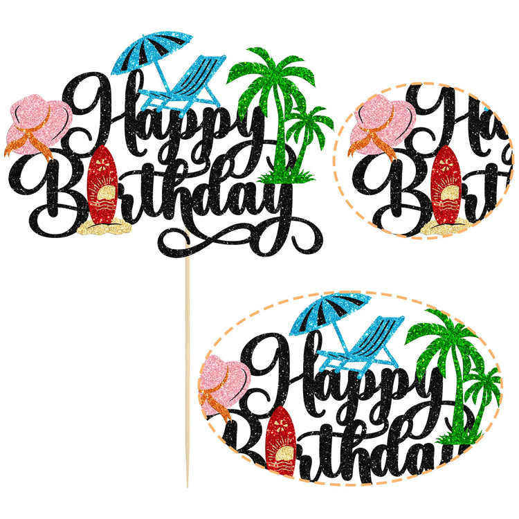 1Pcs Summer Beach Happy Birthday Cake Topper Glitter Ball Tree Umbrella Pool Cake Pick for Hawaiian Holiday Baby Shower Birthday Party Cake Decorations Supplies Black