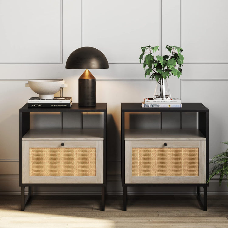 Mina Rattan Wood End Side Accent Table Nightstand with Storage (2 Count)