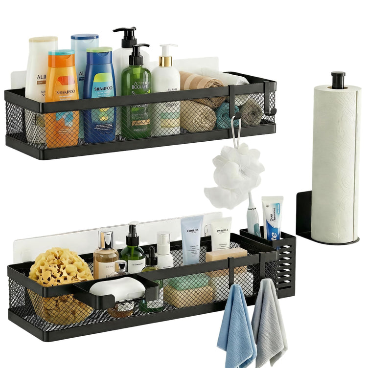 5-in-1 16.5" Extra Long Slim Wall Mount Wrapped Mesh Kitchen Organizer & Shower Caddy Kit, with Paper Towel Holder, Utensil Holder, Soap Dish, Holds 50LBS - Matte Black, Netting