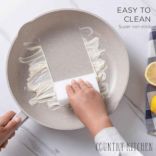 Country Kitchen Non-Stick Cast Aluminum Cookware Set - Durable Kitchen Cookware for Everyday Cooking, Cream Round Handle, 11 Pc.