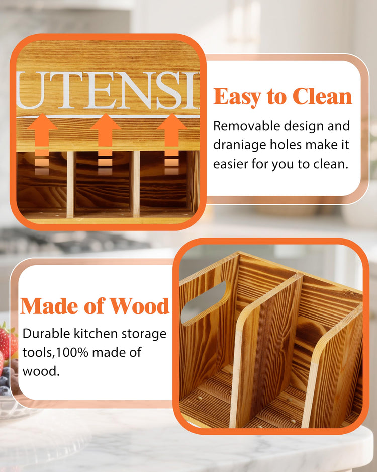Kitchen Utensil Holder for Kitchen Counter Large Wooden Organizer for Cooking Utensils Utensil Holder Counter Farmhouse Décor