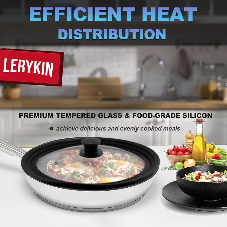 Tempered Glass Lid Set of 2 - Universal Lids with Heat Resistant Silicone Rim for Pots, Pans and Skillets - Pan Cover Replacement Lids Fit 6.5", 7", 8" and 9.5", 10", 11" Diameter Cookware