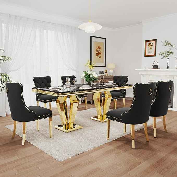 7 Piece Luxury Dining Room Set, Modern Dining Table and Upholstered Chairs Set, Marble Kitchen Table Set for 6, Big Kitchen Dinner Tables Kit with Silver Base