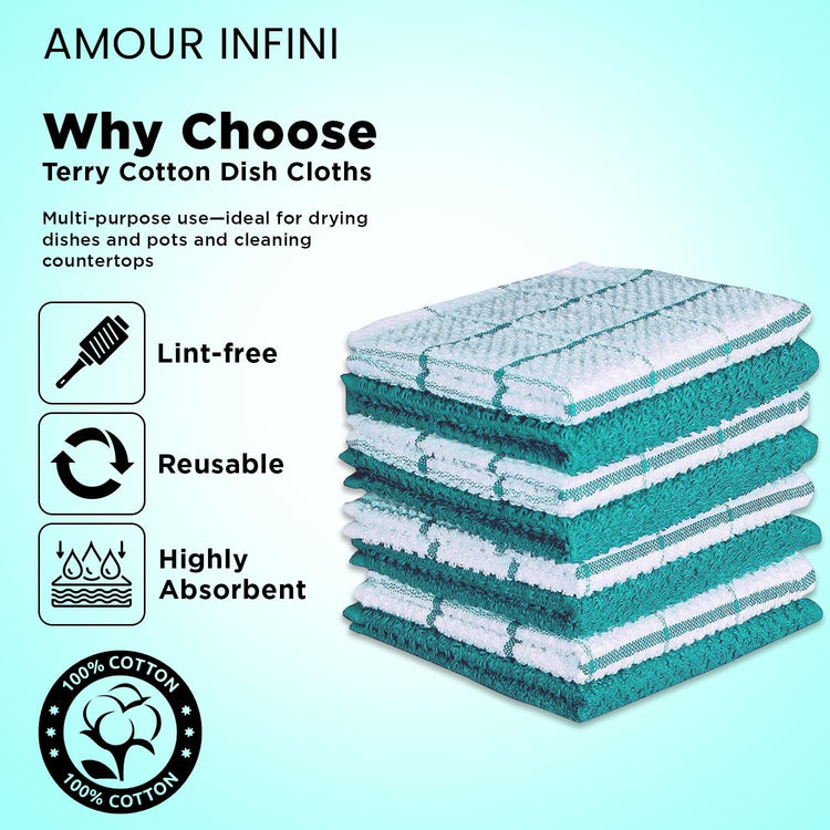 AMOUR INFINI Cotton Kitchen Dish Cloths Set of 8 – Highly Absorbent, Super Soft Premium Terry Cleaning Cloth (12"x12" Inch) Premium Dishcloths for Washing Dishes (Turquoise) - Nestoria
