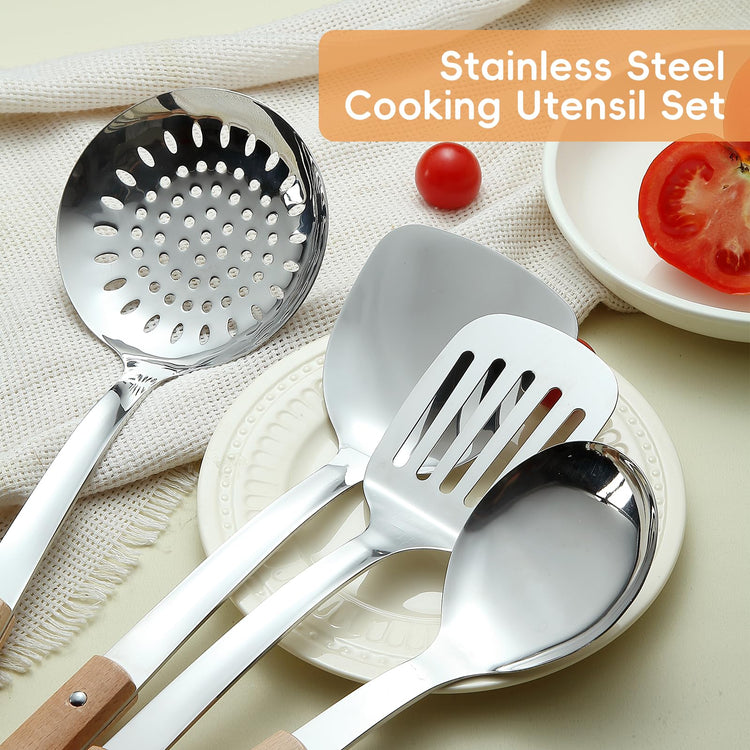 9pcs Cooking Utensils Set 304 Stainless Steel Kitchen Utensils with Wooden Hanlde Metal Kitchen Utensils Soup Ladle Set Dishwasher Safe Kitchen Essentials Set Kitchen Tool Set (9 Count)