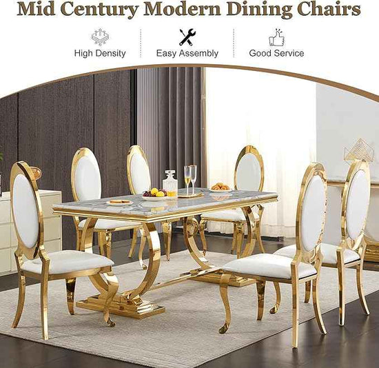 Modern Dining Chairs Set of 6, Luxury Faux Leather Upholstered Armless Dining Room Chair with Mirrored Stainless Steel Gold Legs, Mid Century Accent for Wedding Party Banquet Reception, White