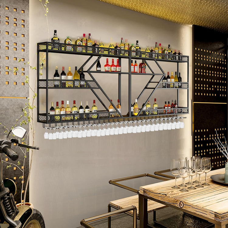 Metal Wine Rack Wall Mounted, Modern Wine Storage Rack Wall Mounted with Wine Glass Holder, Liquor Shelf, Bar Shelves for Liquor Bottles (3TIERS Gold, 78.7 * 7.87 * 33.85INCH)