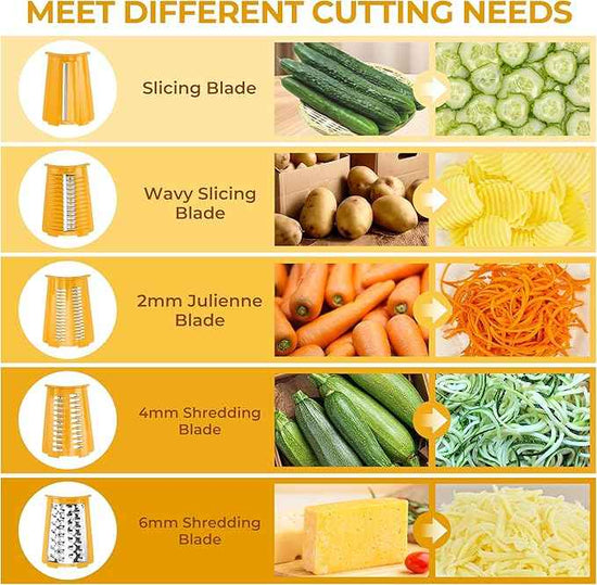SUSTEAS Rotary Cheese Grater with Handle - Vegetable Shredder with 5 Well-designed Blades & Strong Suction Base,Round Mandoline Slicer & Food Chopper for Kitchen,with Blade Storage Box(Yellow)