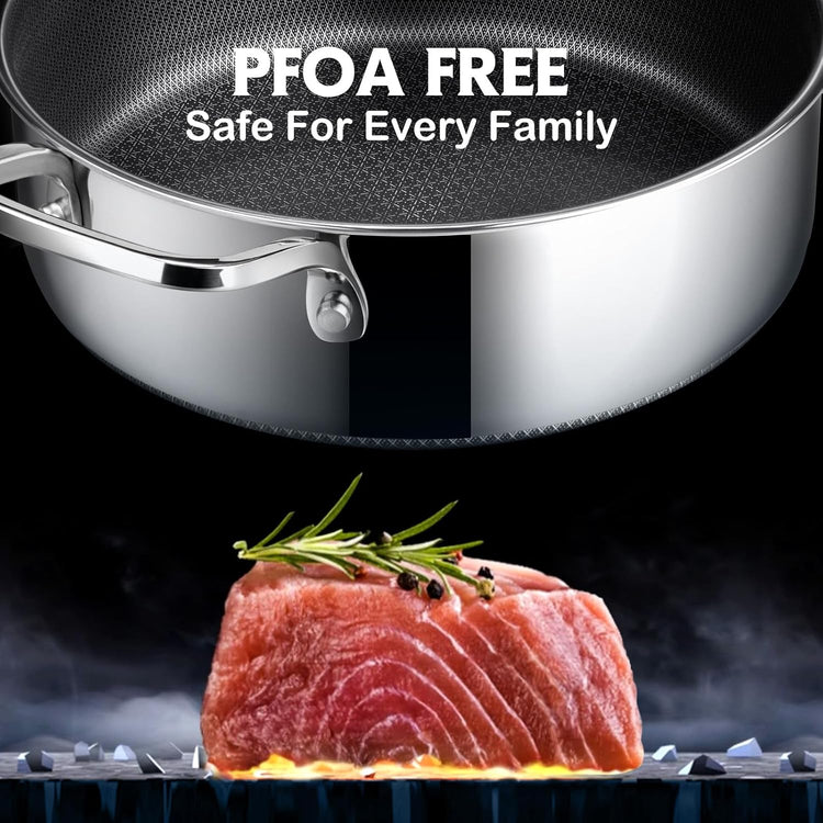 Frying Pans Nonstick Set with Lid,Hybrid Non Stick 5 Quart Saute pan,10 inch Skillet,8 inch Skillet PFOA Free Cookware,Stainless Steel skillet,Deep Saute Pan,Dishwasher Safe,Works on All Cooktops