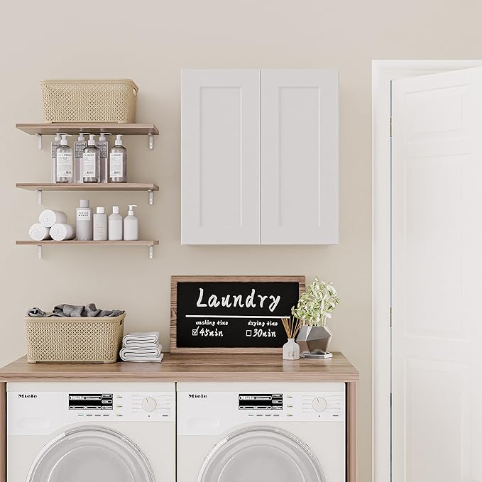 Solid Wood Laundry Room Wall Cabinets, 27 Inch Wide 12 Deep RTA Large Kitchen Storage Organizer Cabinet with 2 Shaker Doors & 2 Adjustable Shelves, Space-Saving for Bathroom, Garage - White