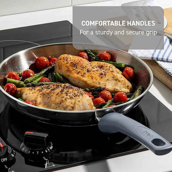 T-fal Essentials Stainless Steel Fry Pan 10.5 Inch, Induction Compatible Oven Safe 350F, Durability & Performance, Cookware, Pots and Pans, Chef's Pan, Skillet, Frying Pan, Dishwasher Safe Silver/Blue