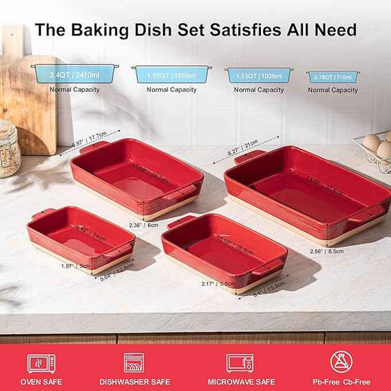 Casserole Dishes for Oven, Baking Dishes, Ceramic Bakeware Sets of 4, Rectangular Baking Pan Set with Handles for Baking, Casserole, Kitchen, Wedding Gift (Red Yellow)