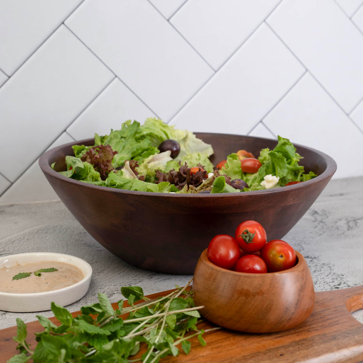 12" Dark Burnt Wooden Salad Bowl Set with Serving Utensils Eco