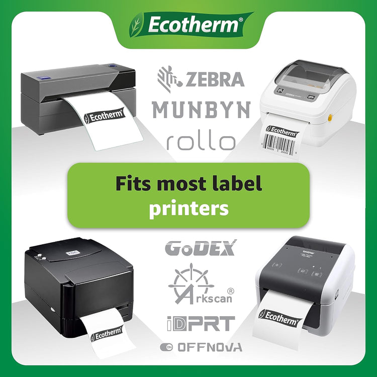 4" x 2" Thermal Labels | 6 Rolls | 7500 Labels | fits Zebra, Munbyn, Rollo, Godex, Arkscan, iDPRT, Offnova Thermal Label Printers and More | Blank White Adhesive Stickers by Ecotherm