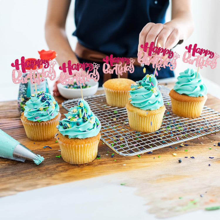 24Pcs Happy Birthday Cupcake Toppers Double Layer Glitter Happy Birthday Cake Decorations for Celebrating Baby Shower Theme Kids Boys Girls Birthday Anniversary Party Supplies Rose Red Pink (24 Count)