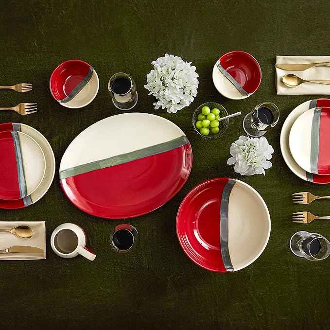 Paseo Road Pasadizo 16 Piece Ceramic Western Dinnerware Set with Plates, Bowls, Mugs, Red and Cream Brushstroke Waves Solid Pattern Rustic Cabin Style