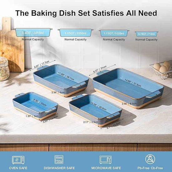 Casserole Dishes for Oven, Baking Dishes, Ceramic Bakeware Sets of 4, Rectangular Baking Pan Set with Handles for Baking, Casserole, Kitchen, Wedding Gift (Blue Yellow)