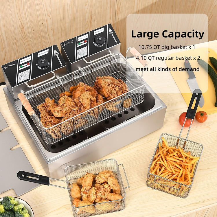 Commercial Deep Fryer with Basket for Restaurant or Home Use, 3400W 12.7QT Detachable Large Capacity Stainless Steel Countertop Electric Oil Fryer with Temperature Control