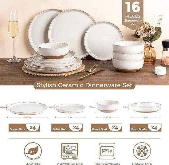 AmorArc Dinnerware Sets with Pasta Bowls for 4, Handpainted Stoneware Plates and Bowls Set with Rustic Terracotta Underside, Scratch Resistant Dishes Set, Dishwasher & Microwave Safe, 16 Pcs
