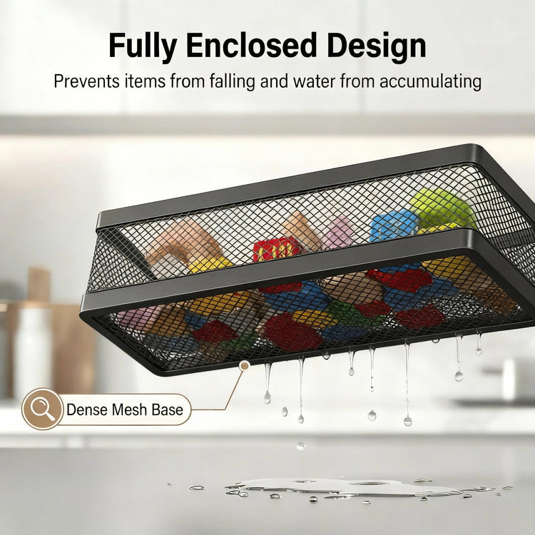 5-in-1 16.5" Extra Long Slim Wall Mount Wrapped Mesh Kitchen Organizer & Shower Caddy Kit, with Paper Towel Holder, Utensil Holder, Soap Dish, Holds 50LBS - Matte Black, Netting