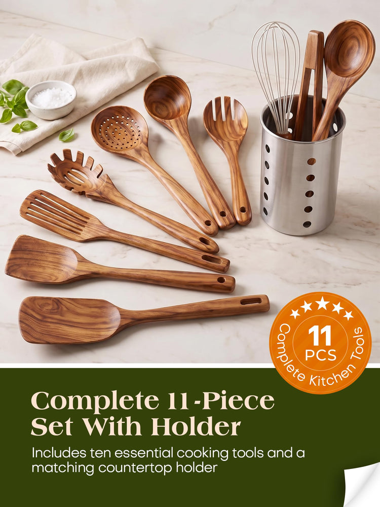 11 Piece Natural Teak Wood Kitchen Utensil Set with Holder (11 Count)