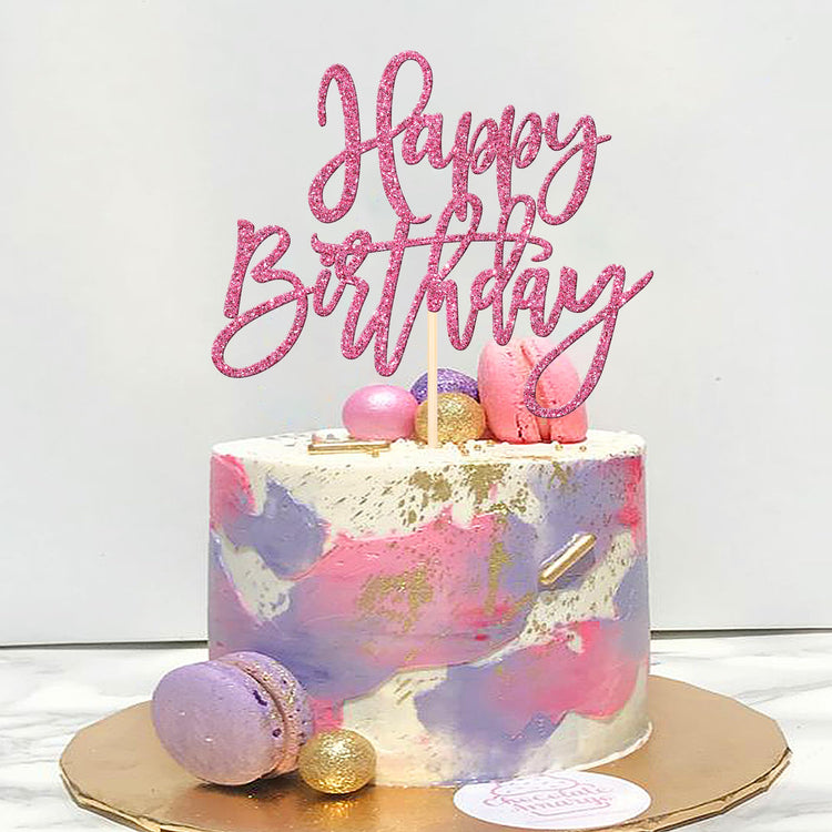 1 PCS Happy Birthday Cake Topper Glitter Happy Birthday Cake Pick for Celebrating Happy Birthday Anniversary Theme Party Cake Decorations Supplies Pink