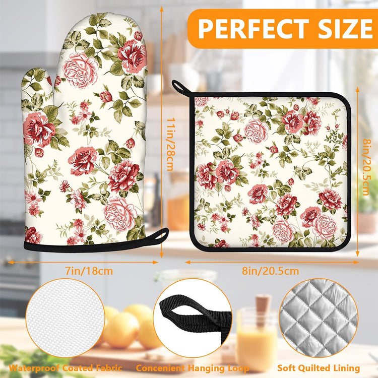 Red Rose Oven Mitts and Pot Holders Sets 4Pcs,Extra Long Oven Gloves Potholder for Kitchen Cooking Baking BBQ 100% Cotton Heat Resistant
