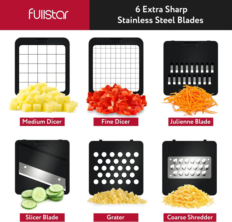 Fullstar Mandoline Slicer for Kitchen - Vegetable Chopper, Onion Potato Food Veggie Fruit Slicer and Cutter with Container, Kitchen Gadgets & Accessories, Home Essentials (6-in-1, Black)