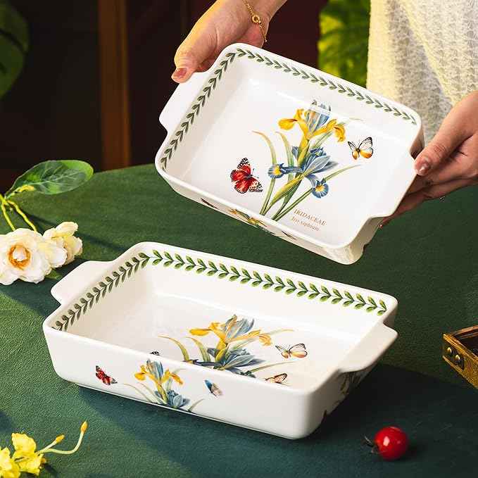 ONCCI In-Glaze Ceramic Baking Dish Set of 2 - Rectangular with Handles,Single Serving Size Casserole dishes 10.8*7.99in & 8.58*6.54inch Sizes - Oven Safe for Cooking, Baking, Casseroles - Dishwasher Safe(Iris)