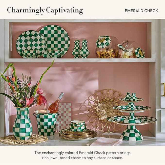 MACKENZIE-CHILDS Enamel Salt and Pepper Shakers, Kitchen Table Spice Shaker Set, Green-and-White Emerald Check, Small