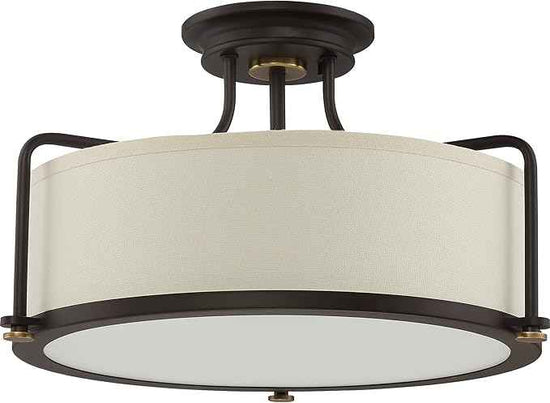Quoizel Rigel Semi-Flush Mount Ceiling Light Fixture, 18 Inch 3-Light 100W Western Bronze Hanging Light with Beige Fabric & Frosted Glass Shade for Hallway, Kitchen, Bedroom, Living Room or Office