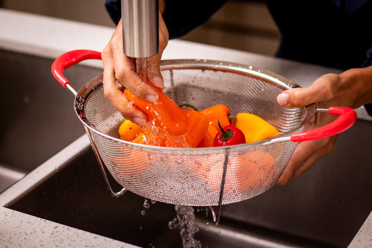 Hercules Chef by Mundial 9.8" Stainless Steel Colander Strainer with Red Silicone Handles