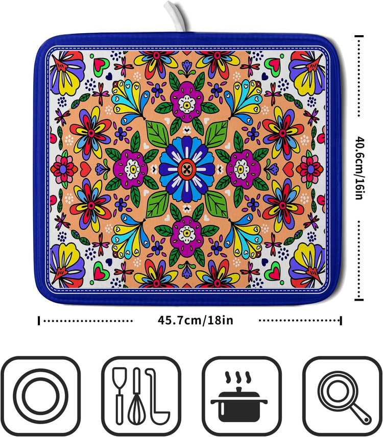 Mexican Talavera Dish Drying Mat Navy Blue Microfiber Dish Drain Pad for Kitchen Decor