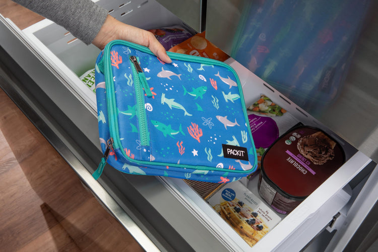 R) Freezable Classic Lunch Box, Sea Shark, Built with EcoFreeze(R) Technology, Collapsible, Reusable, Zip Closure With Zip Front Pocket and Buckle Handle, Designed for Fresh Lunch On the Go