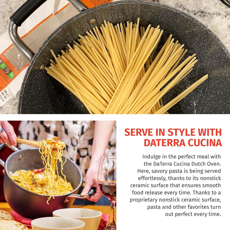 DaTerra Cucina - 8 Qt Nonstick Ceramic Dutch Oven with Lid – Large Stock Pot, Oven & Induction Safe, Heavy Duty, Lightweight, Lead & PFOA Free, Volcanic Black | Made in Italy